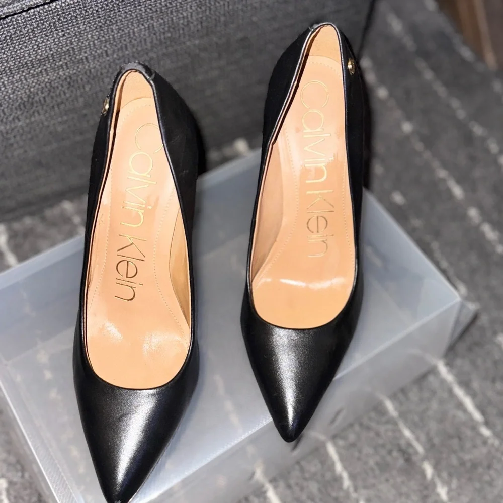 Calvin Klein Black Leather Pointed Toe Stiletto Heels